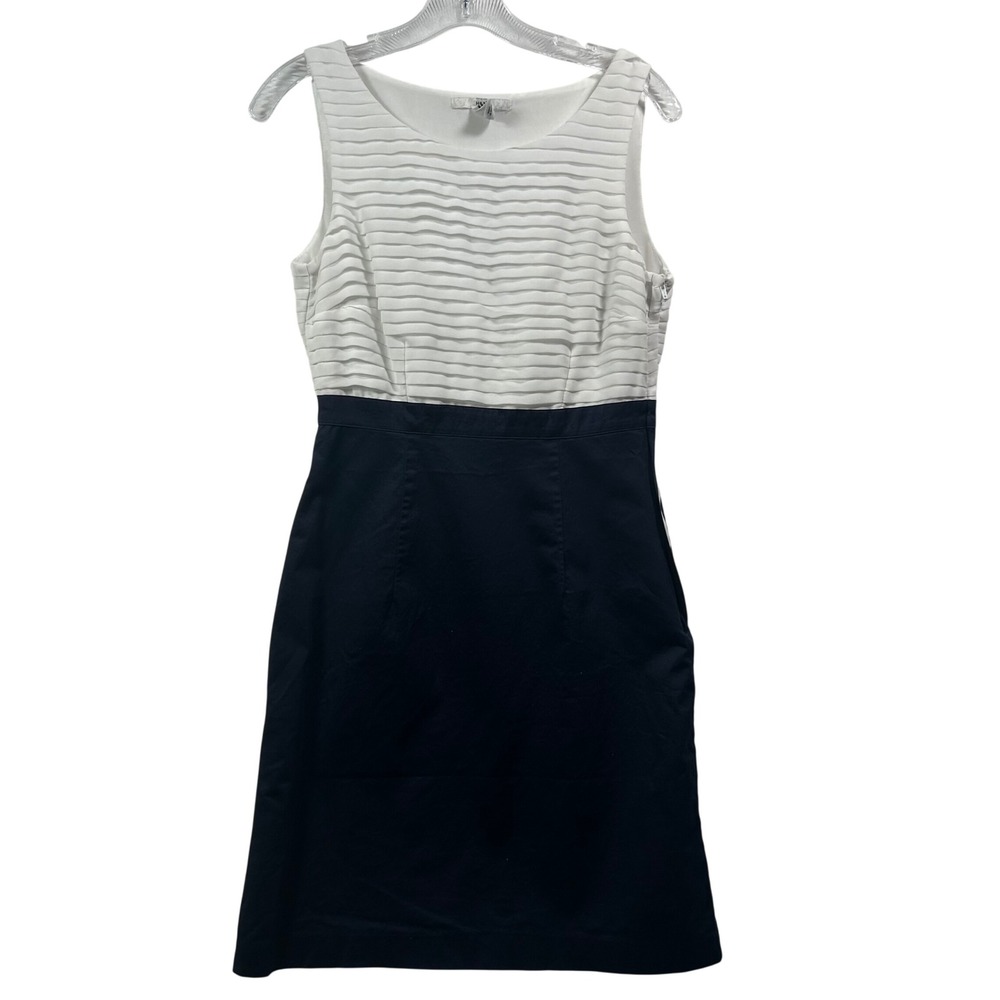 H&M Sleeveless Colorblock Sheath Dress White Navy Blue Ruffle Bodice Size 6